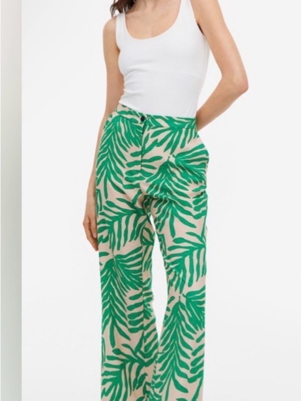 H&M Cream Wide-Leg Palm Print Pants with Green Leaves